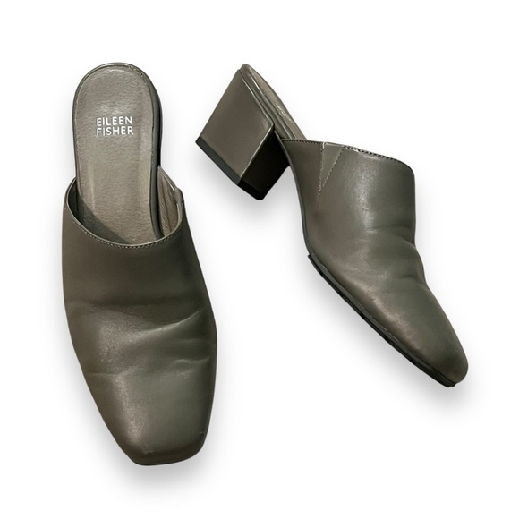 Eileen Fisher Shoes Vela Square Toe Mules Gray Leather Chunk Heel Slip On Size 9 - Picture 1 of 11